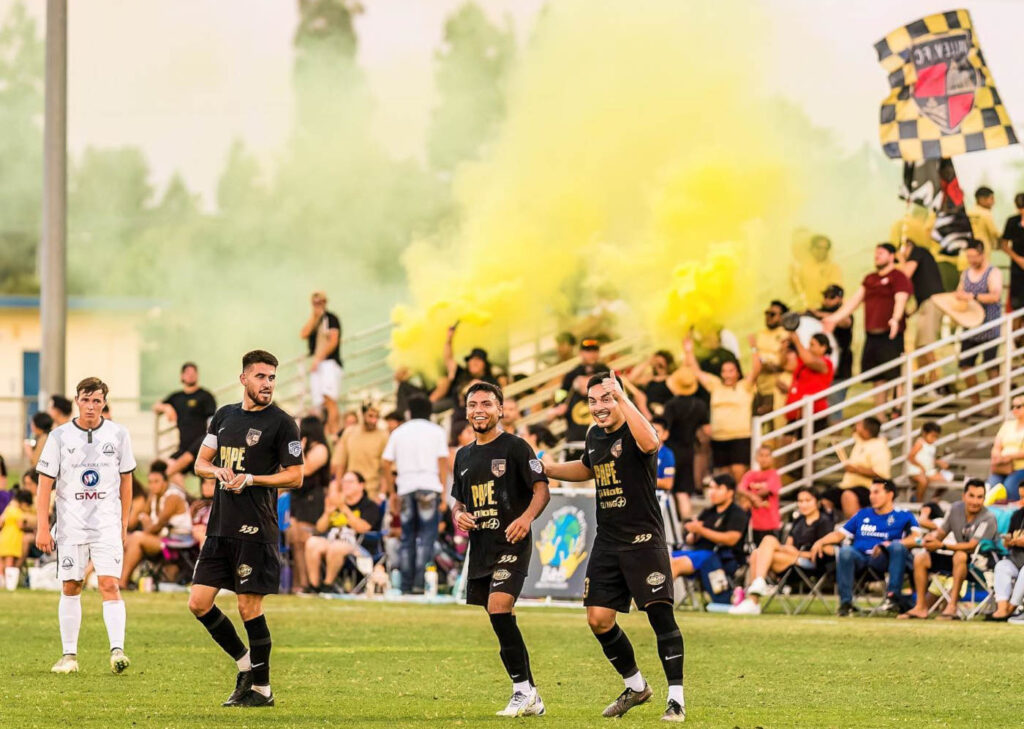 The fans at Fresno's Valley 559 FC soccer game always celebrate wildly when we score, at Keith Tice Park across from Clovis West High School.